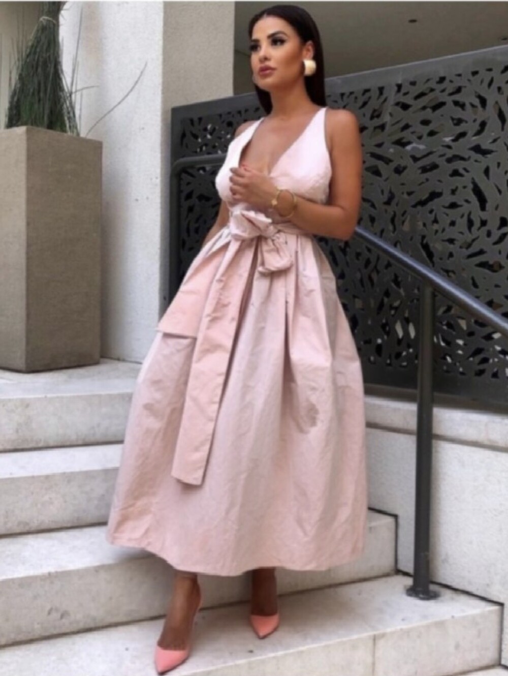 Zara Pale Blush Pink Sleeveless Midi Dress with Waist Tie